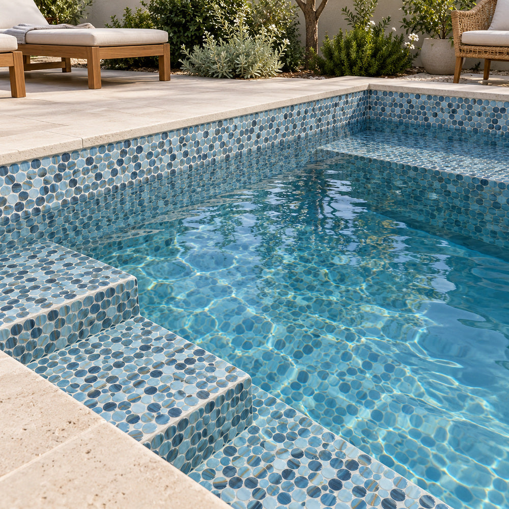 Aquatic Penny Onyx Blue Glass 11.25x11.25 Mosaic Tile Polished — pool