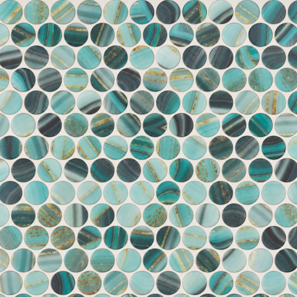 Aquatic Penny Onyx Teal Glass 11.25x11.25 Mosaic Tile — closeup