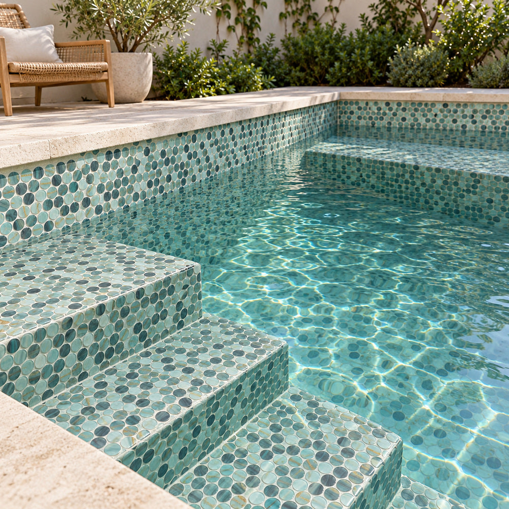 Aquatic Penny Onyx Teal Glass 11.25x11.25 Mosaic Tile — pool