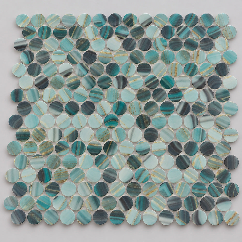 Aquatic Penny Onyx Teal Glass 11.25x11.25 Mosaic Tile — single mosaic sheet