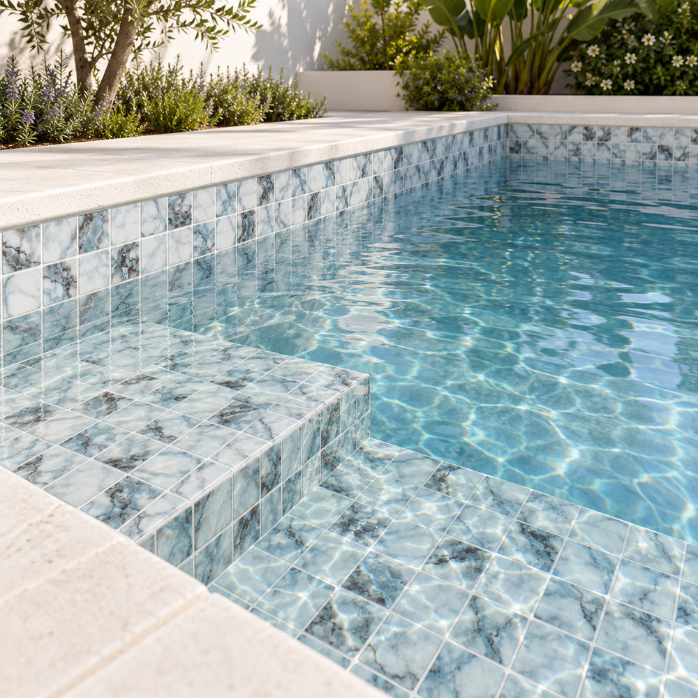 Aquatic Penta Azul Glass 12.25x12.25 Mosaic Tile — pool