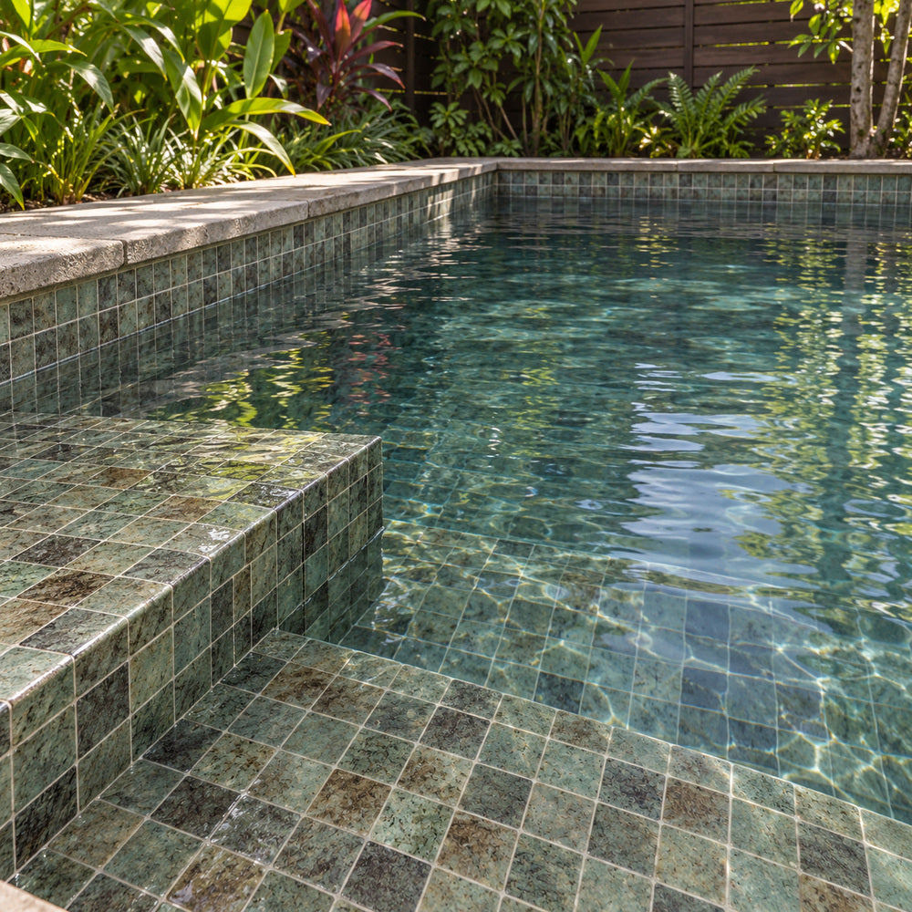 Aquatic Penta Bali Stone Glass 12.25x12.25 Mosaic Tile — pool