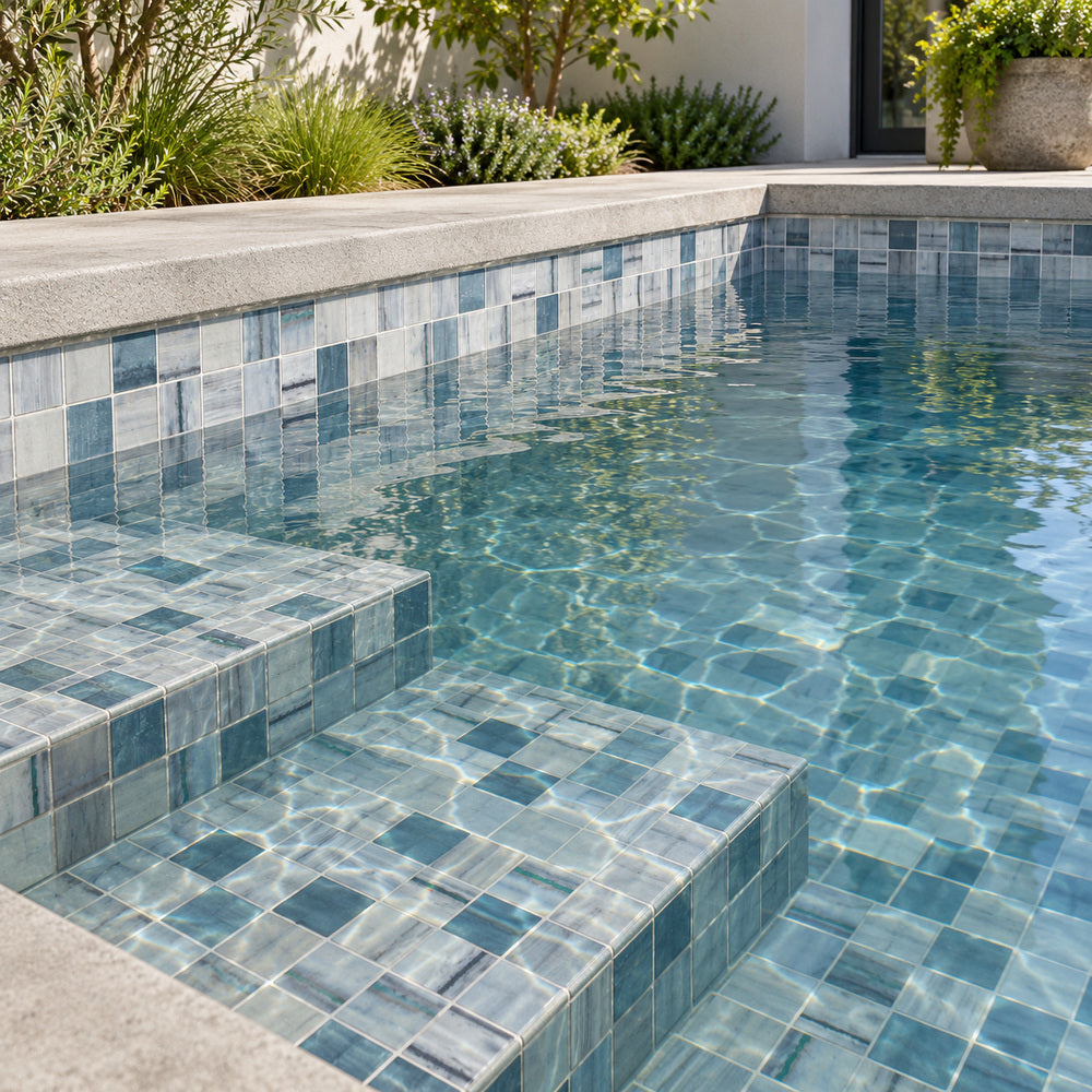 Aquatic Penta Bluish Gray Glass 12.25x12.25 Mosaic Tile — pool