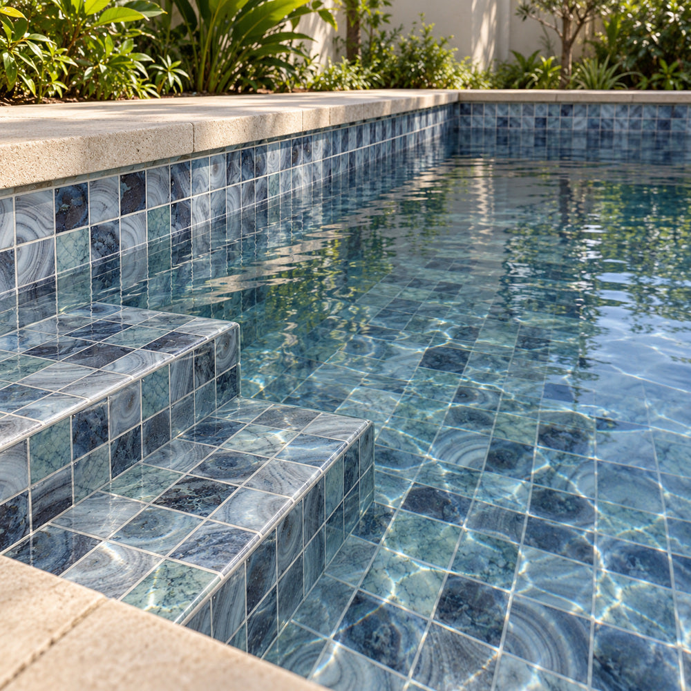 Aquatic Penta Borneo Glass 12.25x12.25 Mosaic Tile Polished — pool
