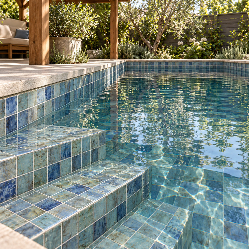 Aquatic Penta Forest Blue Glass 12.25x12.25 Mosaic Tile — pool