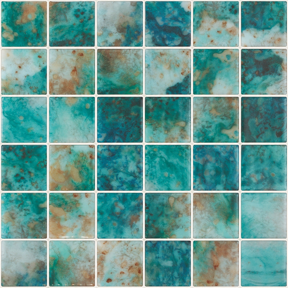 Aquatic Penta Green Glass 12.25x12.25 Mosaic Tile — closeup