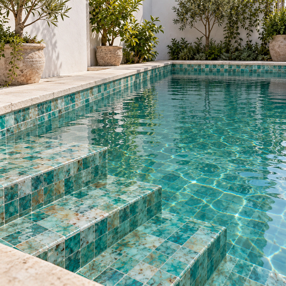 Aquatic Penta Green Glass 12.25x12.25 Mosaic Tile — pool