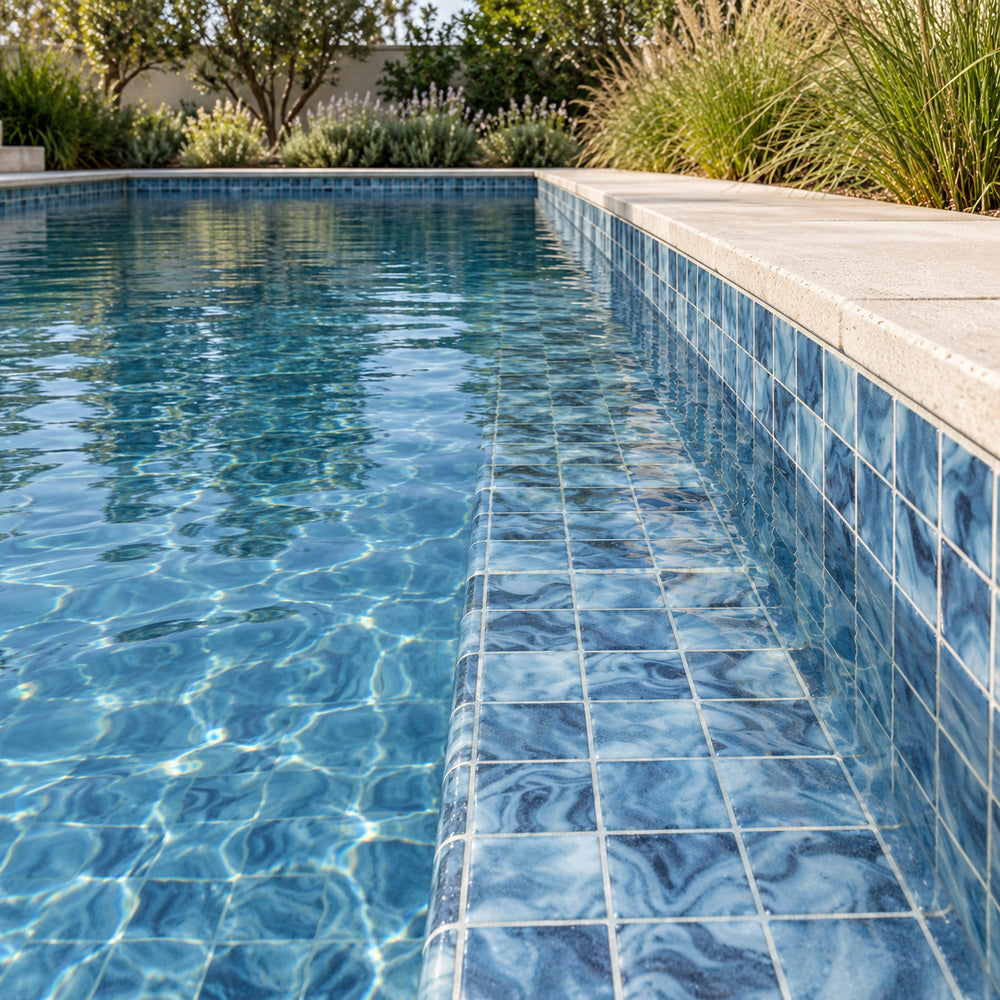 Aquatic Penta Navagio Glass 12.25x12.25 Mosaic Tile — pool