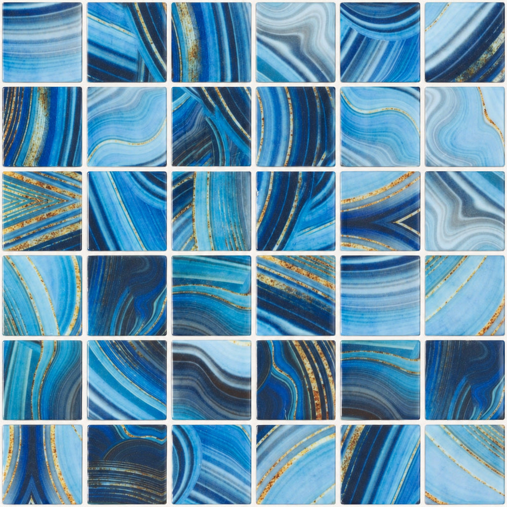 Aquatic Penta Onyx Blue Glass 12.25x12.25 Mosaic Tile — closeup