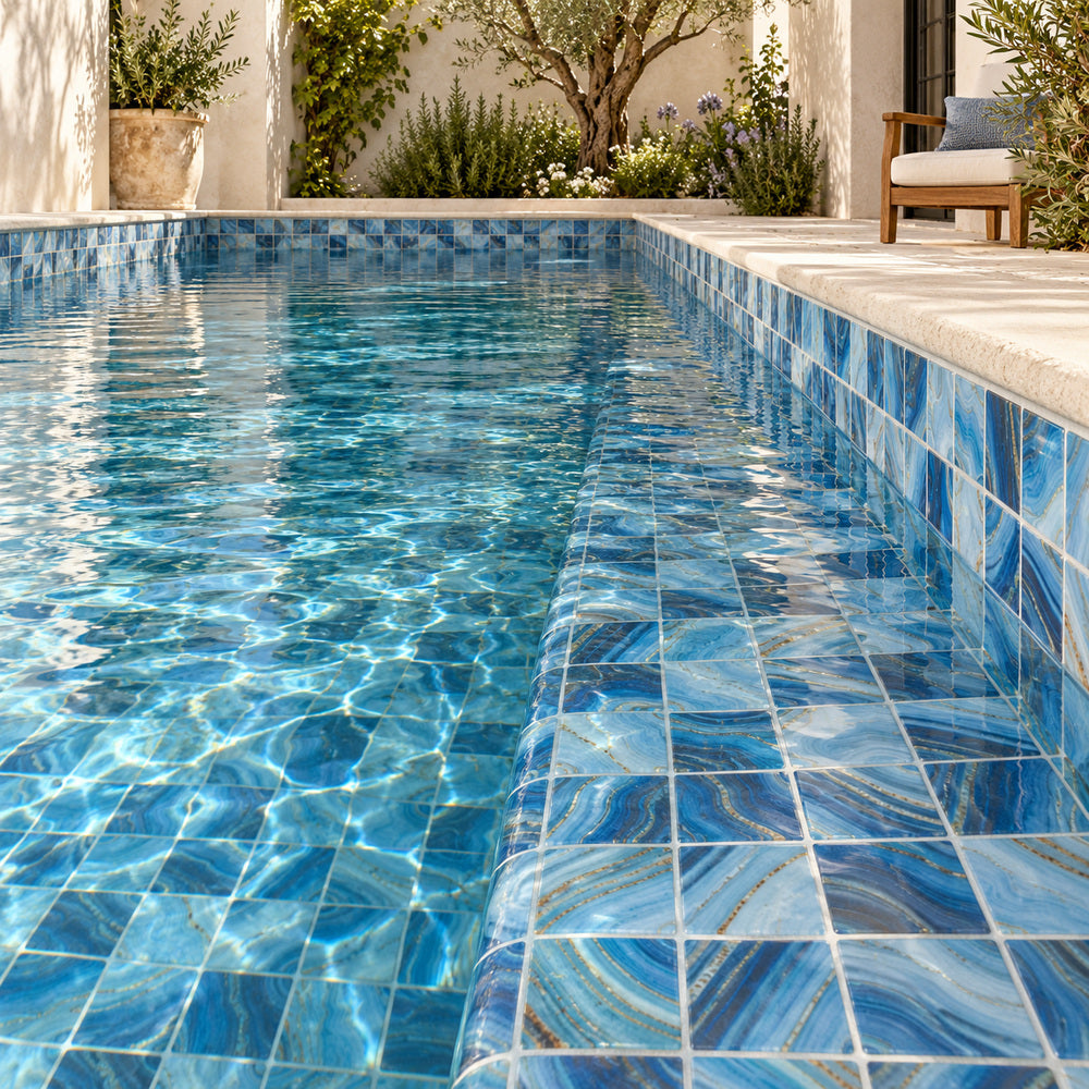 Aquatic Penta Onyx Blue Glass 12.25x12.25 Mosaic Tile — pool