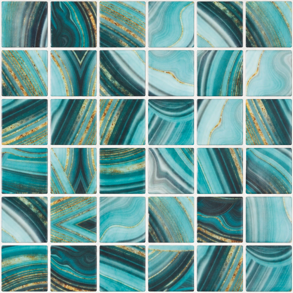 Aquatic Penta Onyx Teal Glass 12.25x12.25 Mosaic Tile — closeup