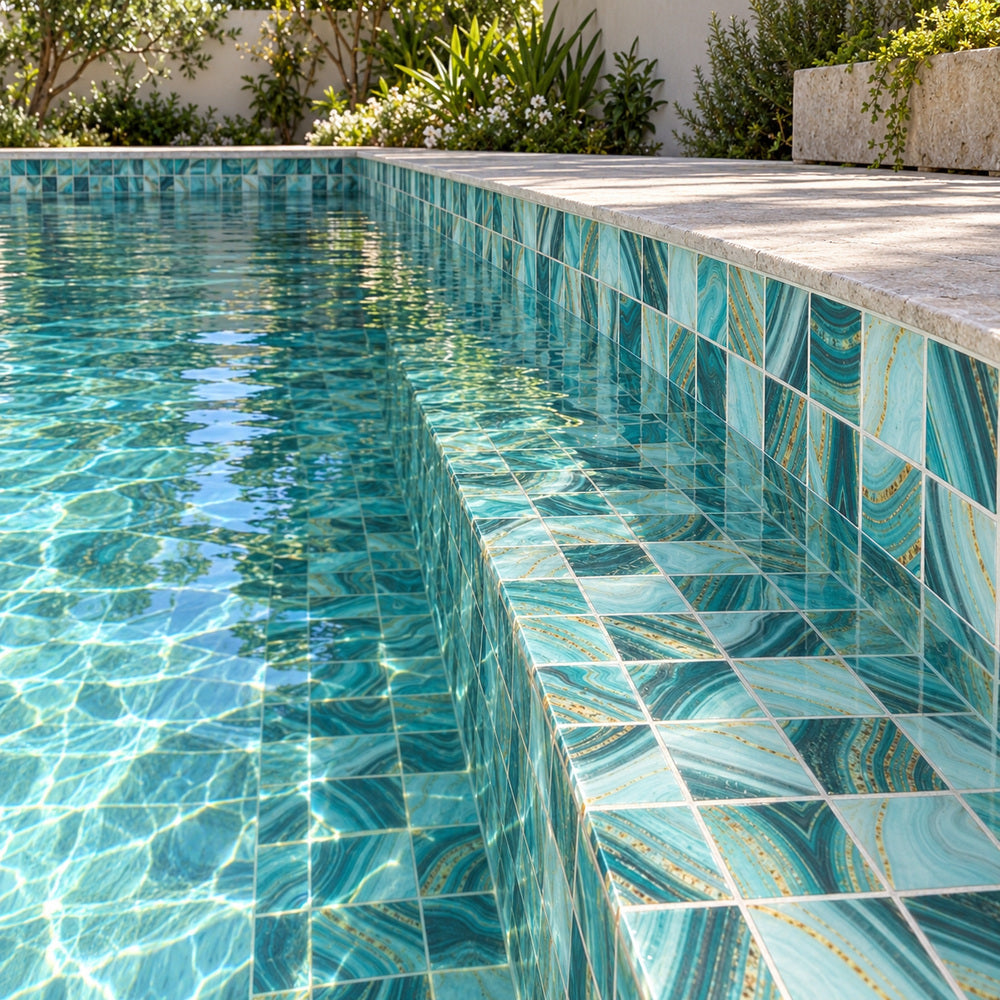 Aquatic Penta Onyx Teal Glass 12.25x12.25 Mosaic Tile — pool