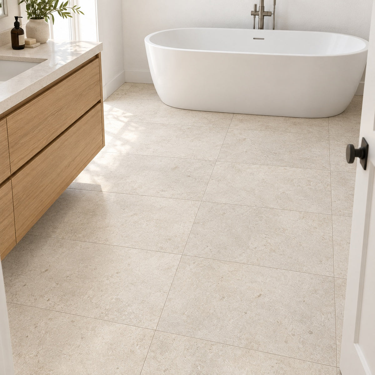 Ashtone Arena 12x24 R Porcelain Tile — bathroom floor visualization