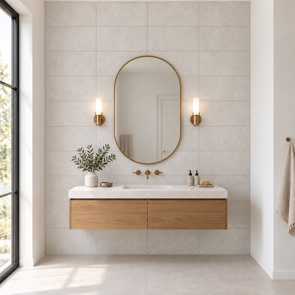 Ashtone Blanco 12x24 R Porcelain Tile — bathroom room visualization