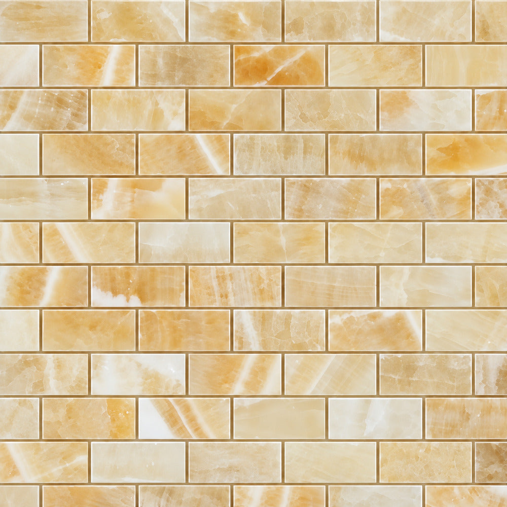 Aurora Onyx 1x2 Brick Mosaic Polished installed close-up