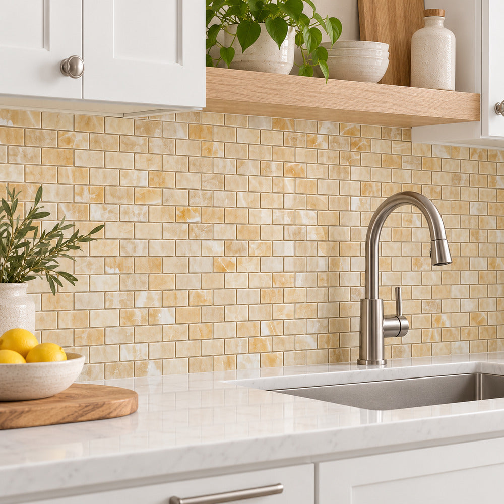 Aurora Onyx 1x2 Brick Mosaic Polished room installation