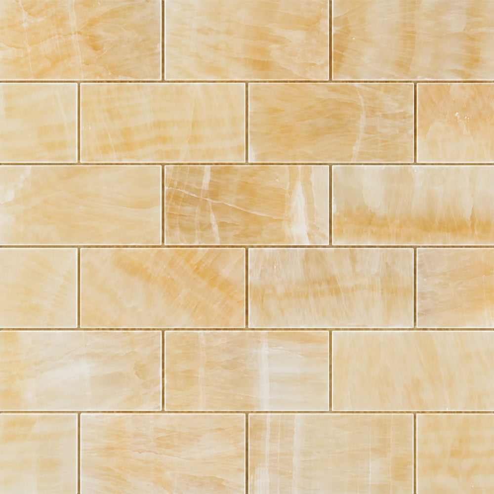Aurora Onyx 2x4 Brick Mosaic Polished installed close-up