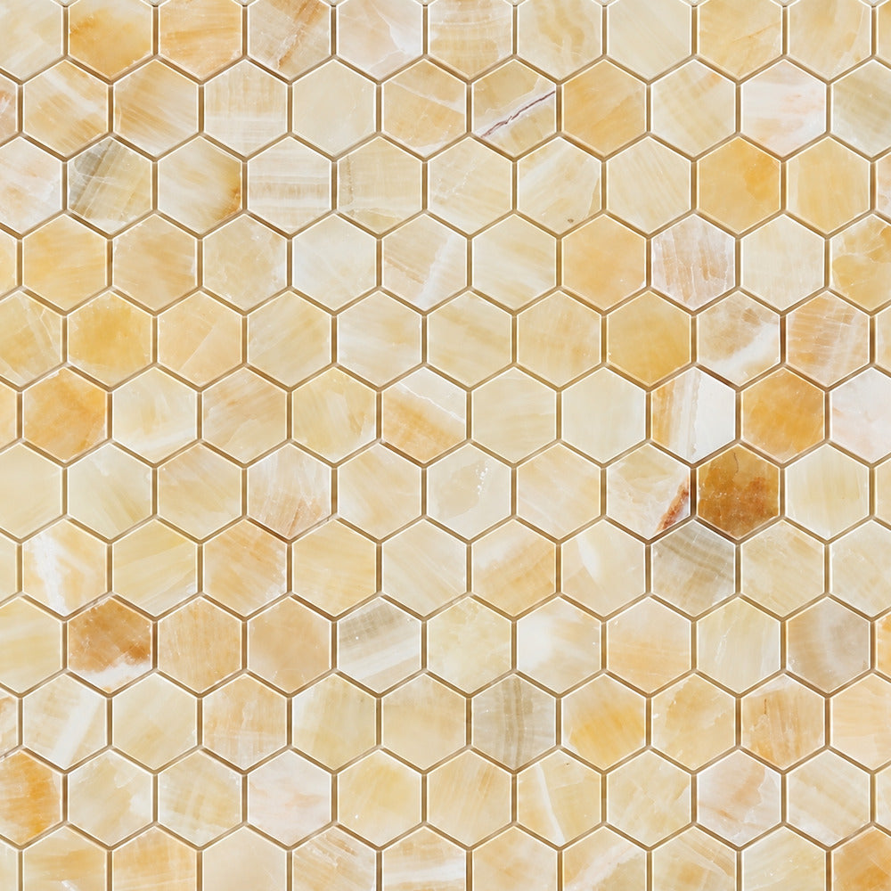 Aurora Onyx 1x1 Hexagon Mosaic Polished installed close-up