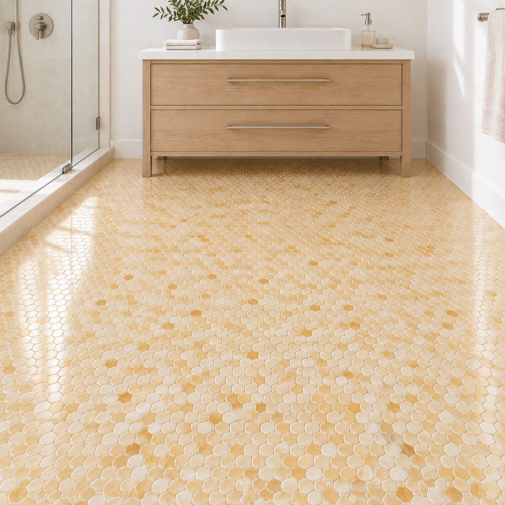 Aurora Onyx 1x1 Hexagon Mosaic Polished bathroom floor installation