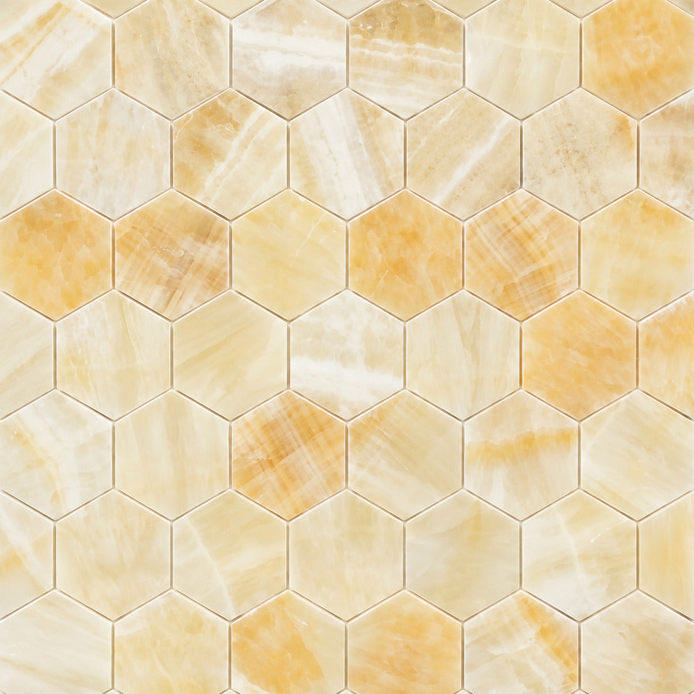 Aurora Onyx 2x2 Hexagon Polished Mosaic installed close-up