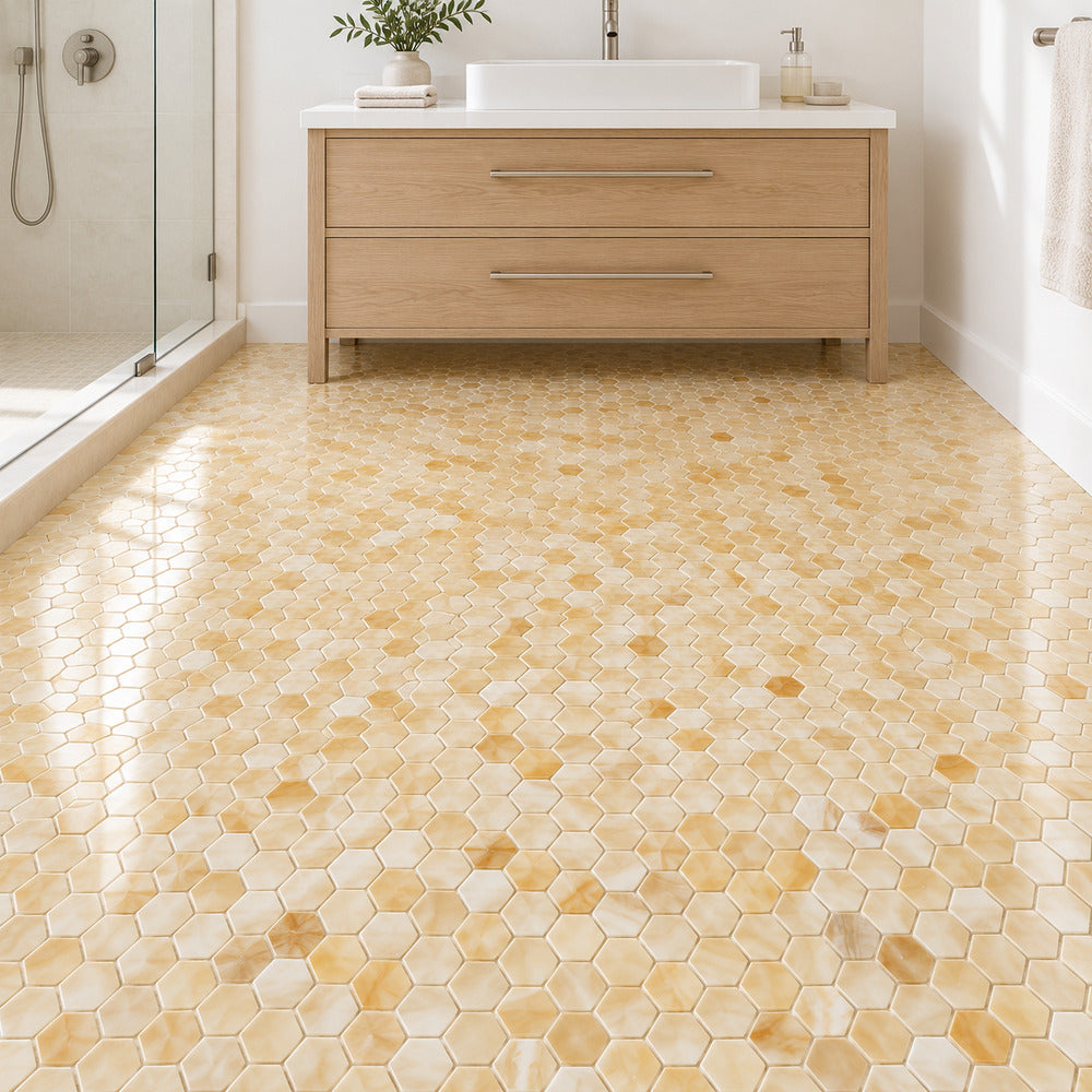 Aurora Onyx 2x2 Hexagon Polished Mosaic bathroom floor installation