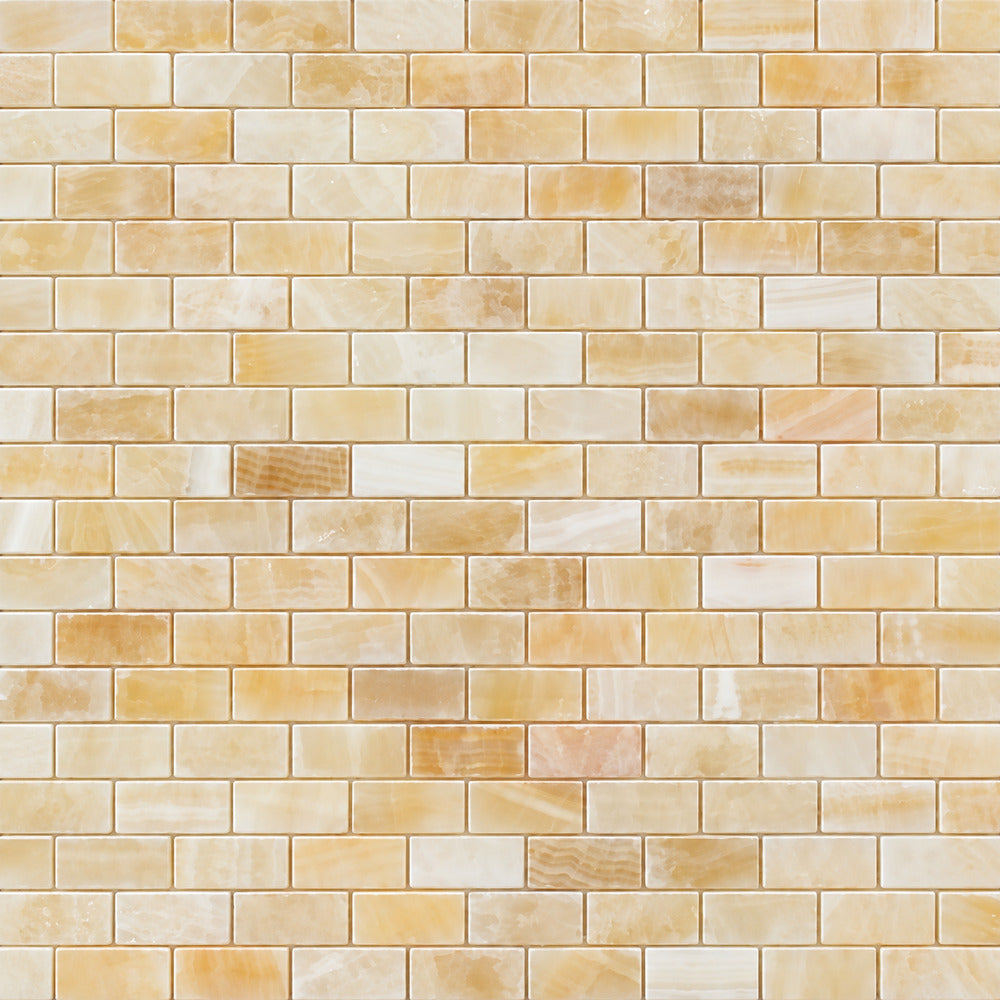 Aurora Onyx 12x12 Mini Brick Mosaic Polished installed close-up