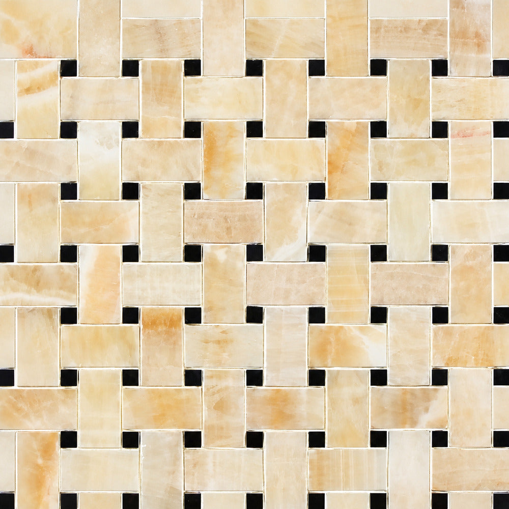 Aurora Onyx 12x12 Basketweave with Black Dots Mosaic Polished installed close-up
