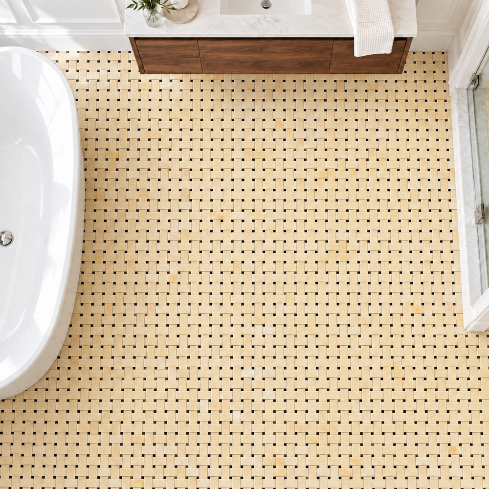 Aurora Onyx 12x12 Basketweave with Black Dots Mosaic Polished room installation
