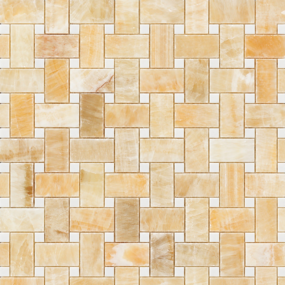 Aurora Onyx 12x12 Basketweave with White Dots Mosaic Polished installed close-up