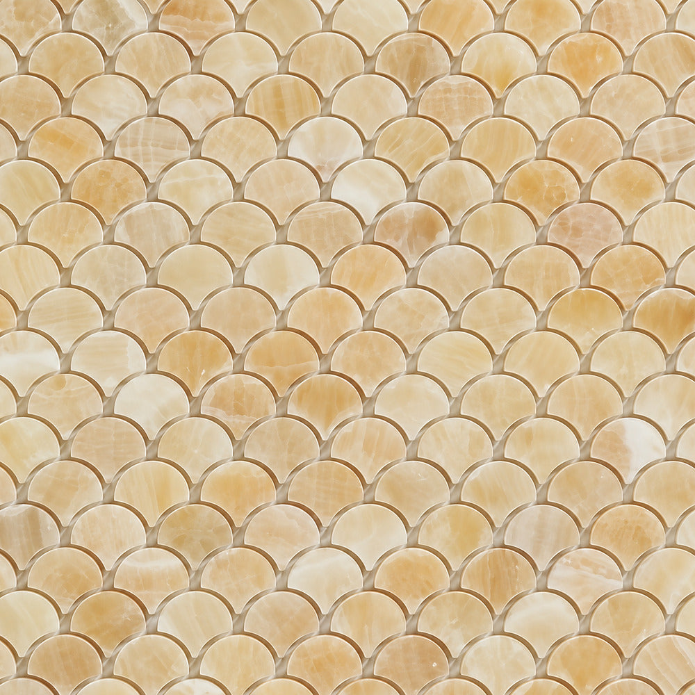 Aurora Onyx 12x12 Scallop Mosaic Polished installed close-up