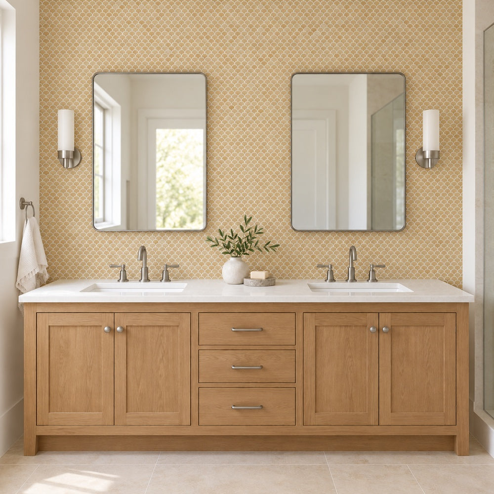 Aurora Onyx one-inch Scallop miniature mosaic wall installation