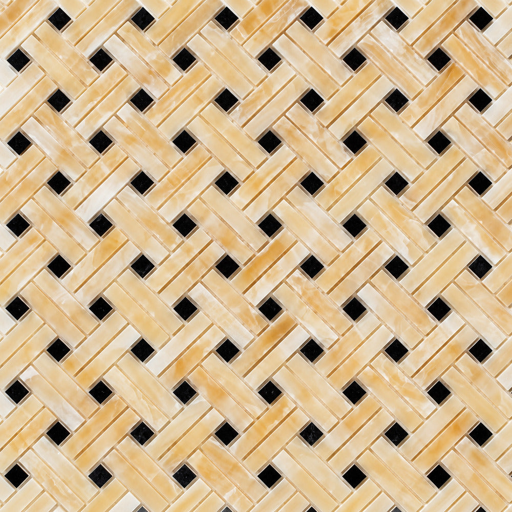 Aurora Onyx 12x12 Stanza with Black Dots Mosaic Polished installed close-up
