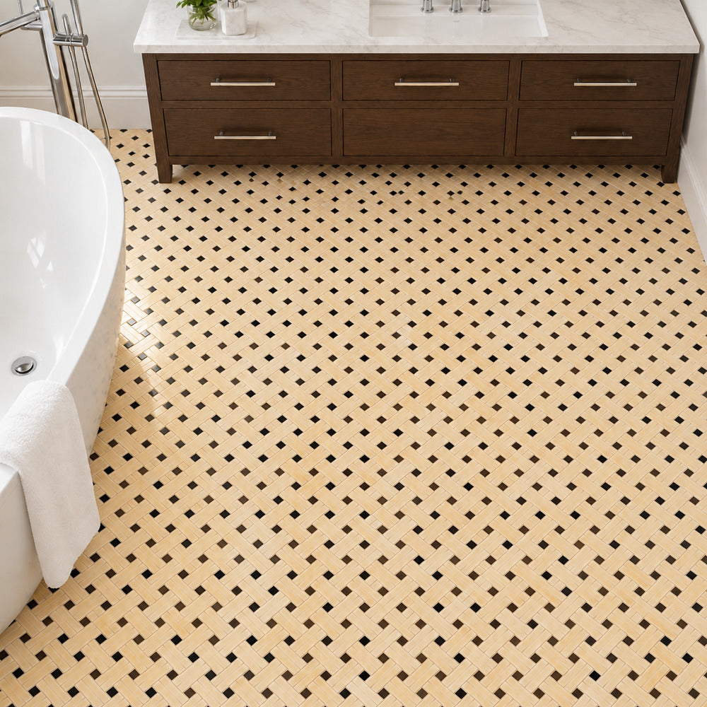 Aurora Onyx 12x12 Stanza with Black Dots Mosaic Polished bathroom floor installation