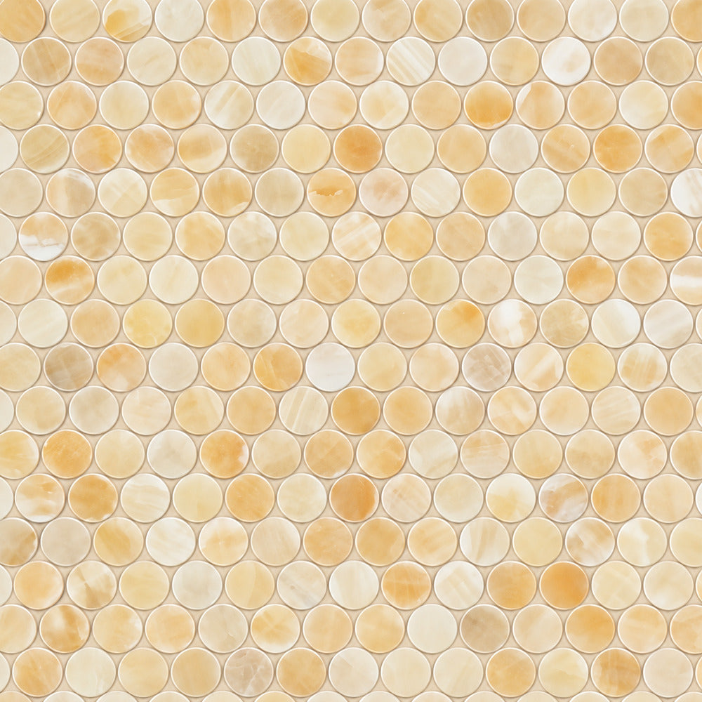 Aurora Onyx 12x12 Penny Round Mosaic Polished installed close-up