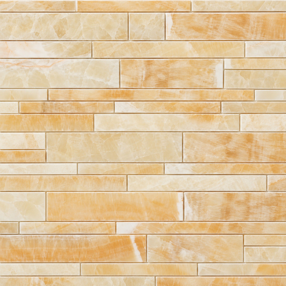 Aurora Onyx 10x12 Random Strip Mosaic Polished installed close-up