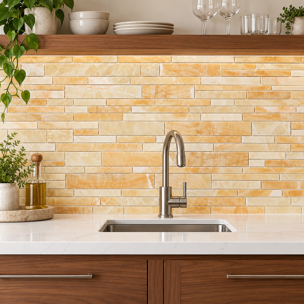Aurora Onyx 10x12 Random Strip Mosaic Polished room installation
