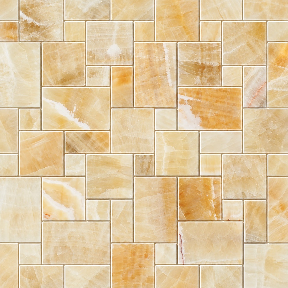 Aurora Onyx Mini Versailles mosaic installed close-up