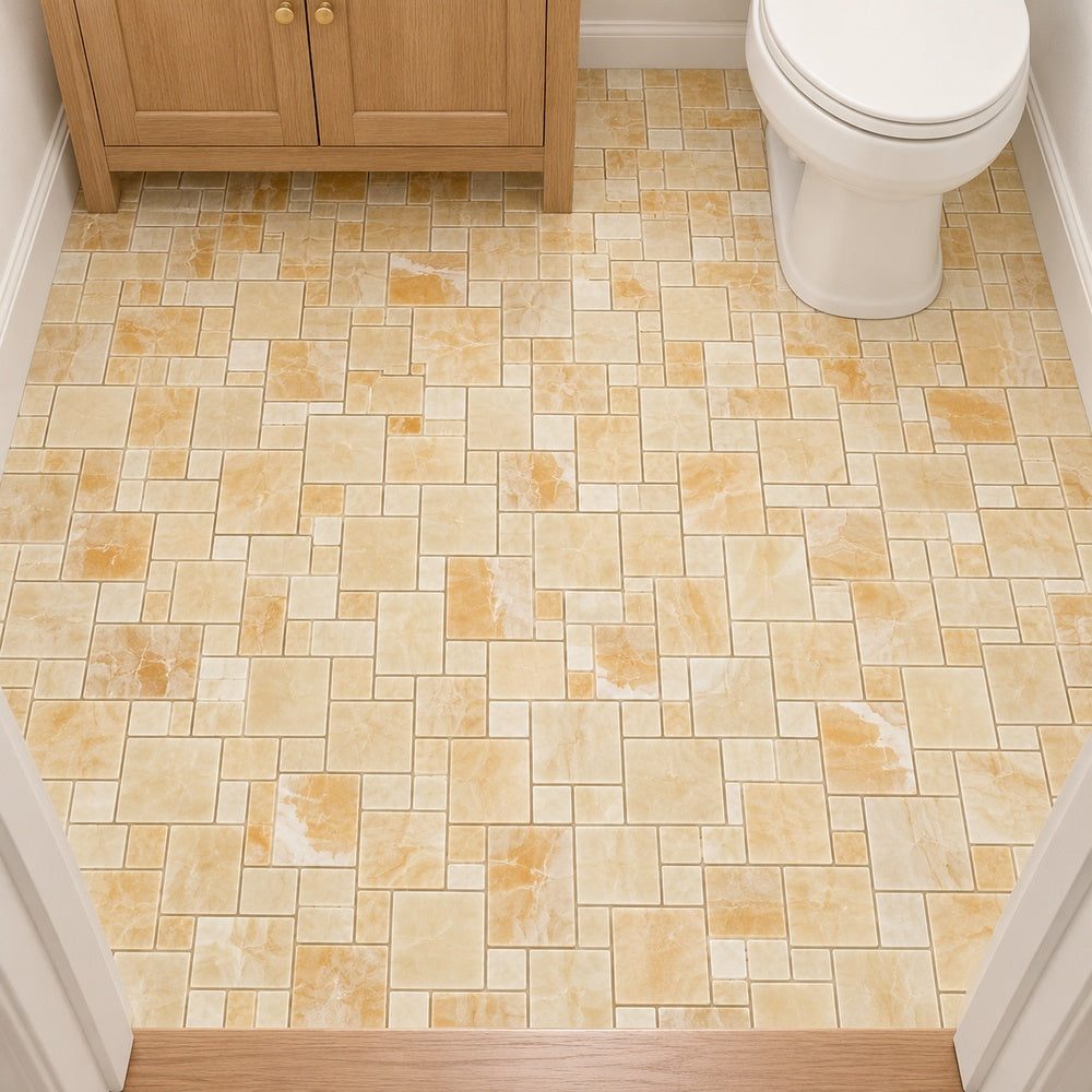 Aurora Onyx Mini Versailles small mosaic bathroom floor installation