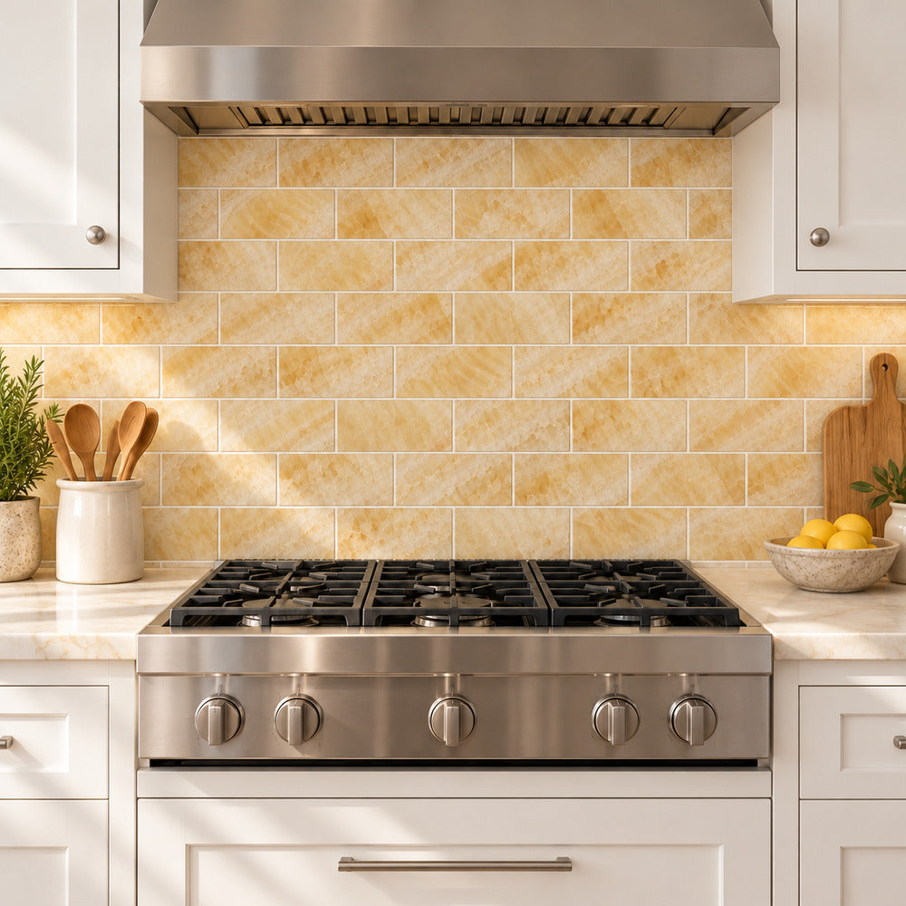 Aurora Onyx 3x6 subway tile kitchen room scene