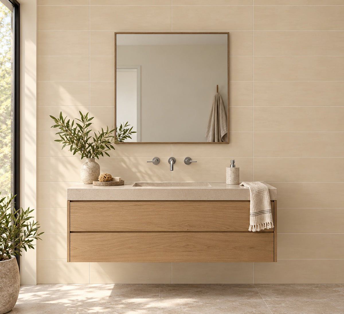 Aurora Beige 8x24 Ceramic Matte Tile — bathroom wall visualization