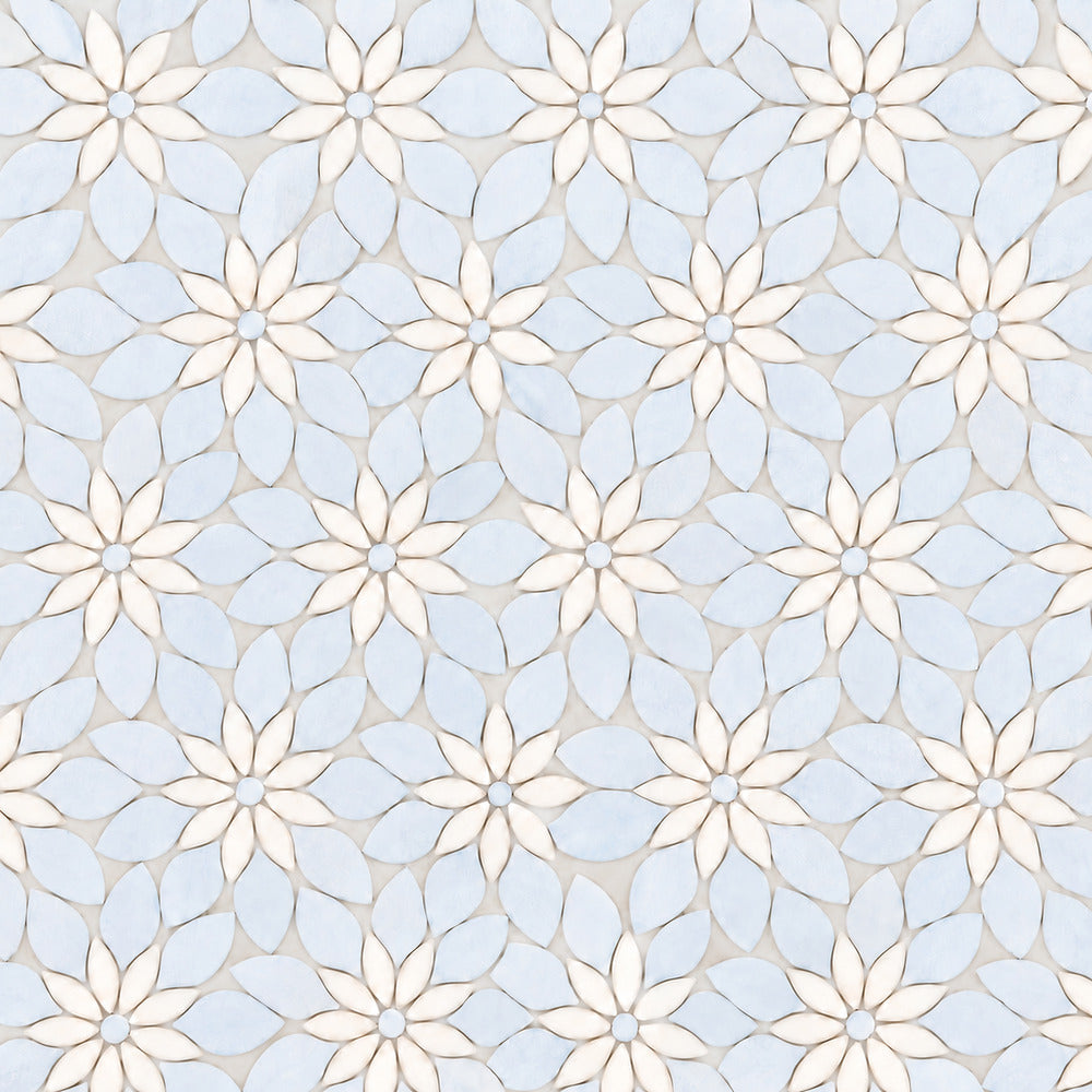 Celestial White and Azul Celeste pale sky blue Daisy marble mosaic close-up