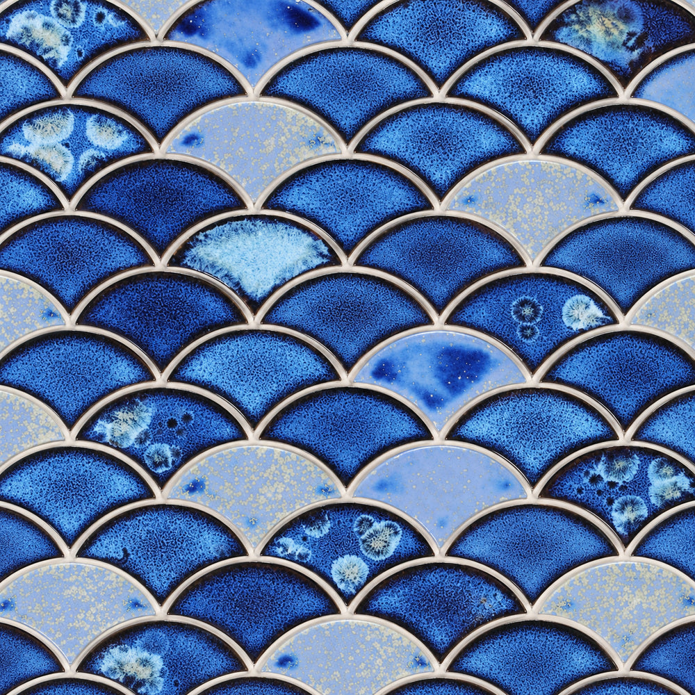 Azurea Bright Sapphire 10x12 Fishscale Porcelain Glazed Mosaic — closeup