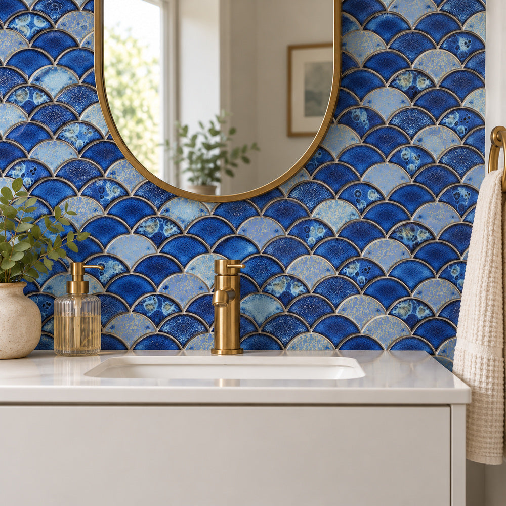 Azurea Bright Sapphire 10x12 Fishscale Porcelain Glazed Mosaic — room