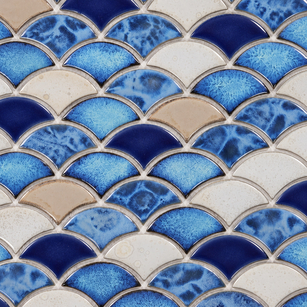 Azurea Calm Cerulean 10x12 Fishscale Porcelain Glazed Mosaic — closeup