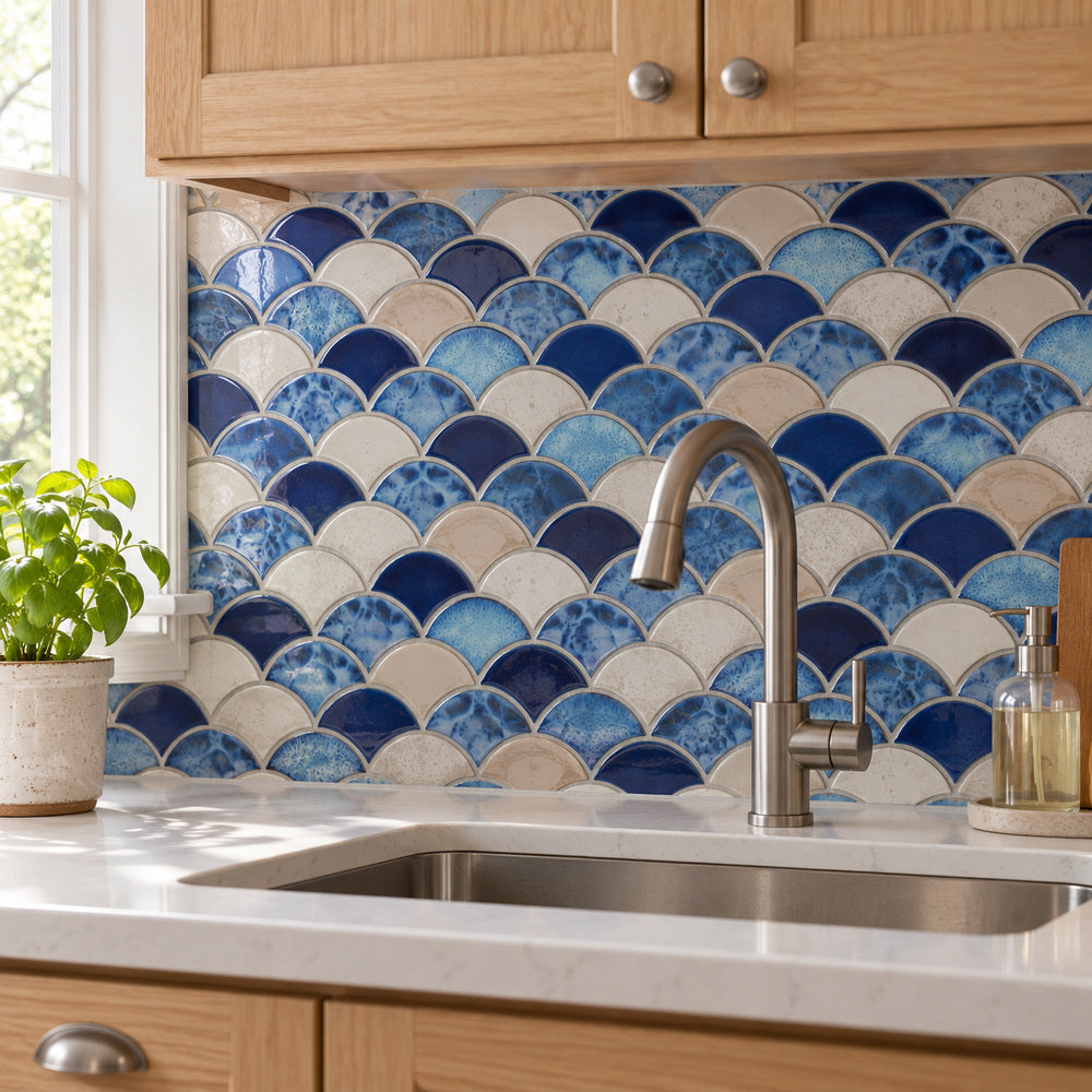 Azurea Calm Cerulean 10x12 Fishscale Porcelain Glazed Mosaic — room