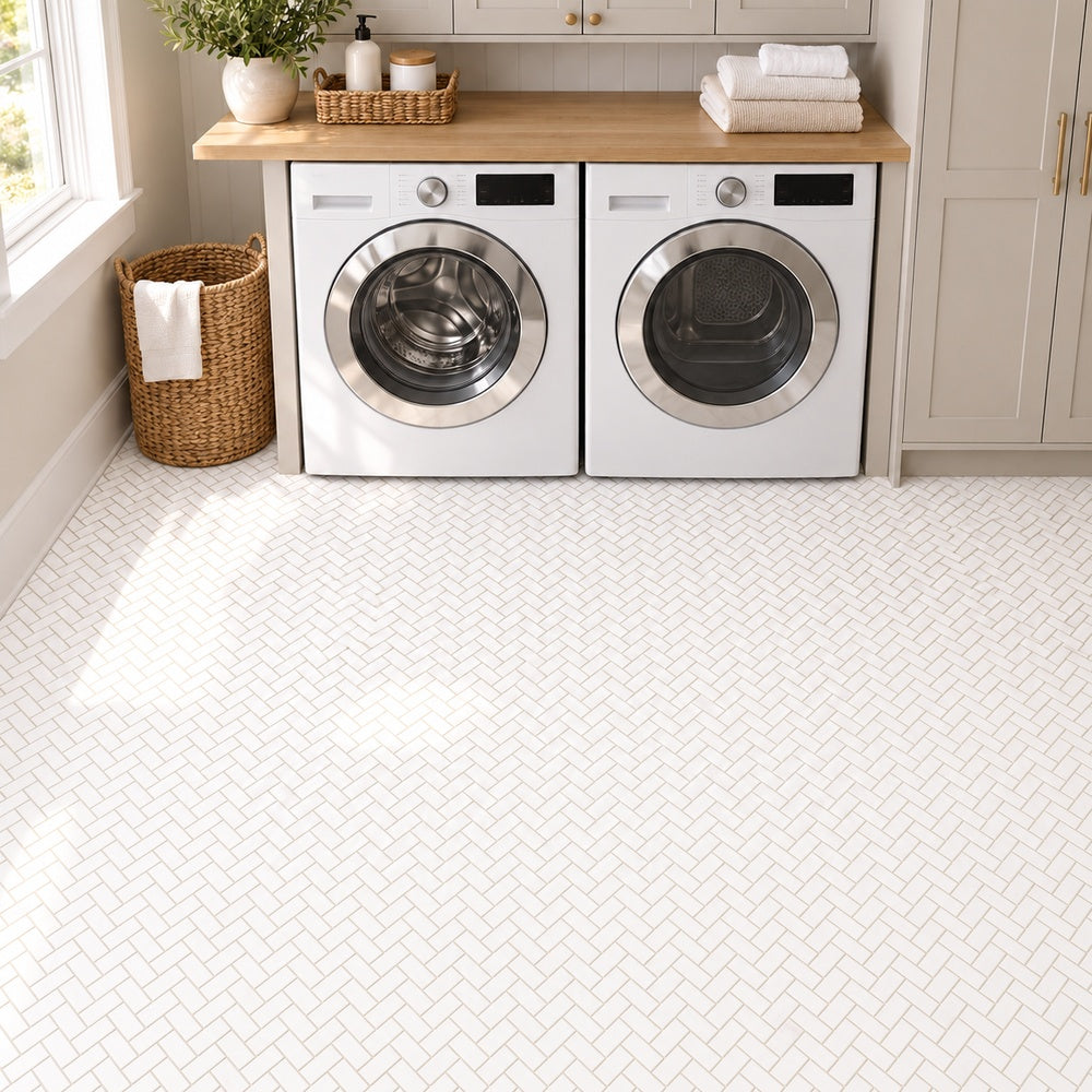 Bianco Dolomite Marble 1x2 Herringbone Mosaic Polished/Honed room installation