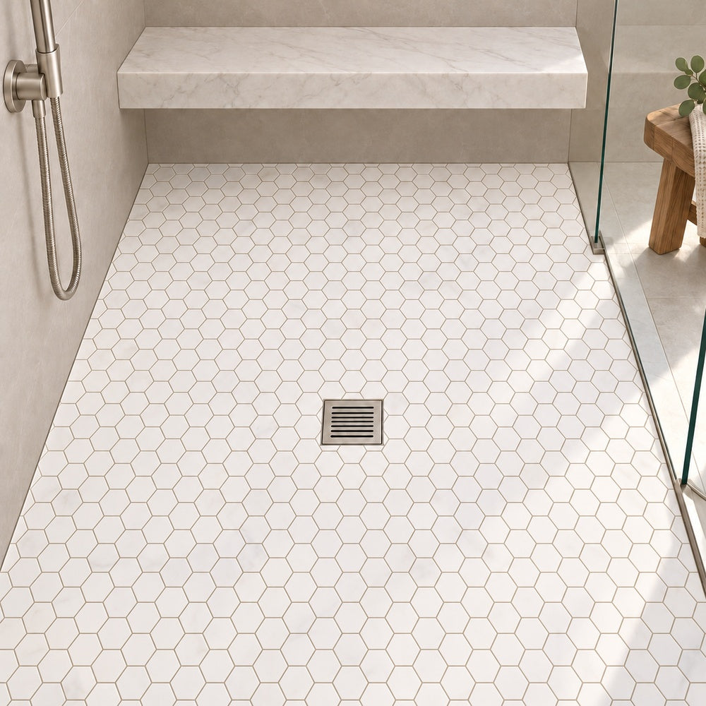 Bianco Dolomite Marble 2" Hexagon Mosaic Polished/Honed installed room scene