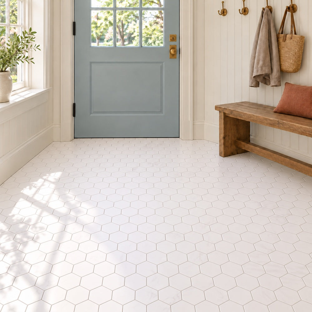 Bianco Dolomite Marble 4" Hexagon Mosaic Polished/Honed installed room scene