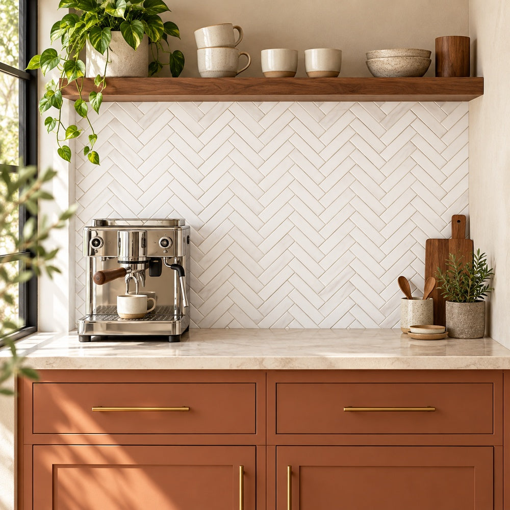 Bianco Dolomite Marble 1x4 Herringbone Mosaic Polished/Honed room installation