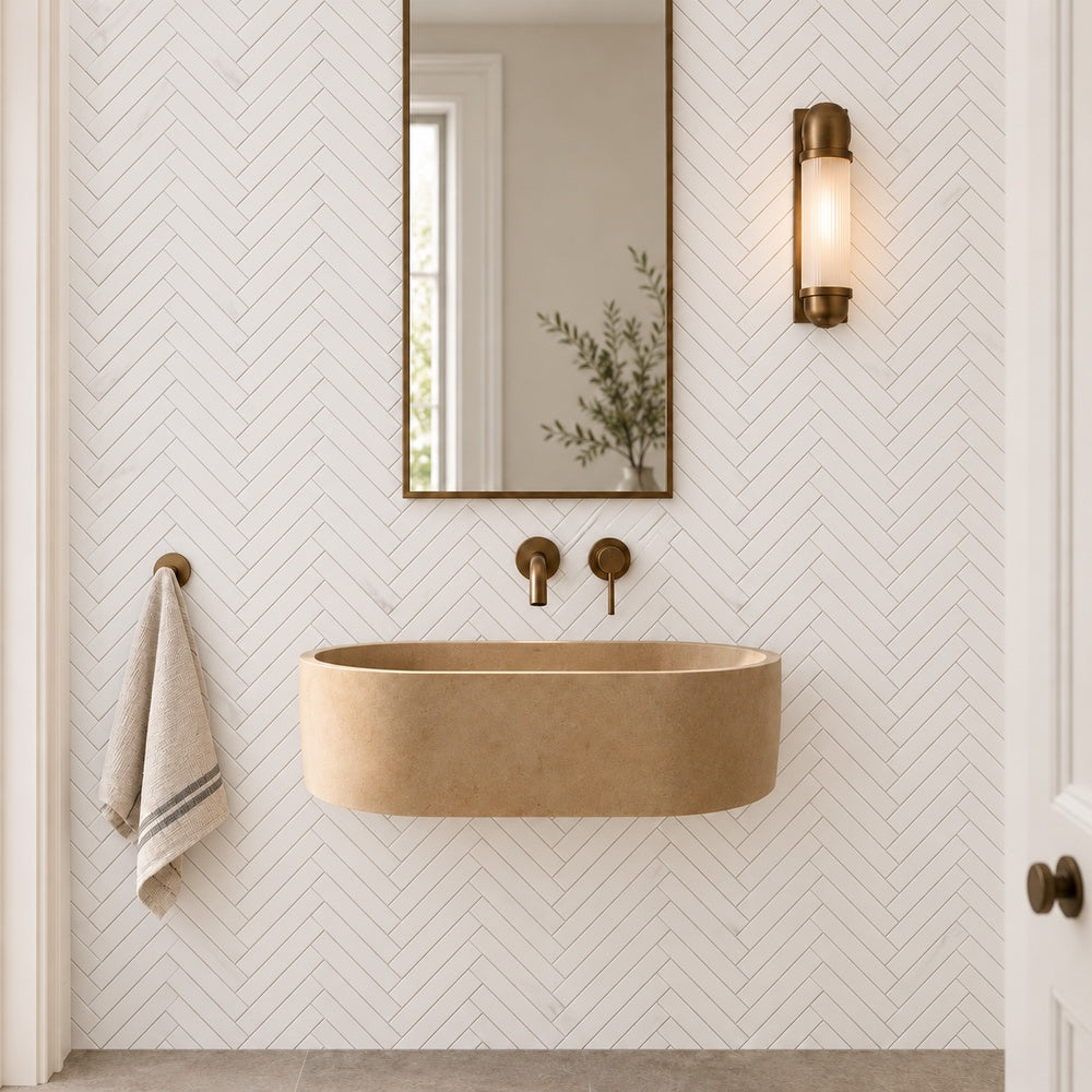 Bianco Dolomite Marble 1x6 Herringbone Mosaic Polished/Honed room installation